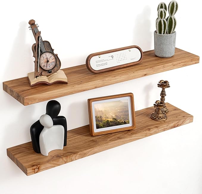 Floating Shelves for Wall Decor, 8" Deep Rustic Solid Elm Wood Floating Shelves Wall Mounted, Wall Shelves with Invisible Bra