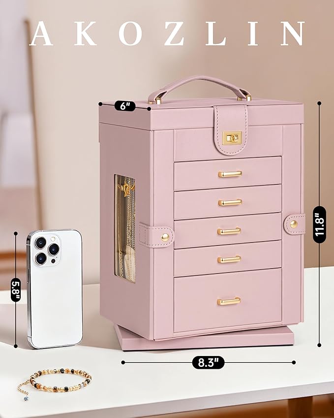 AKOZLIN 360° Rotating Jewelry Box 6-Tier Organizer Functional Jewelry Storage Case for Women Girls Ring Necklace Earring Brac