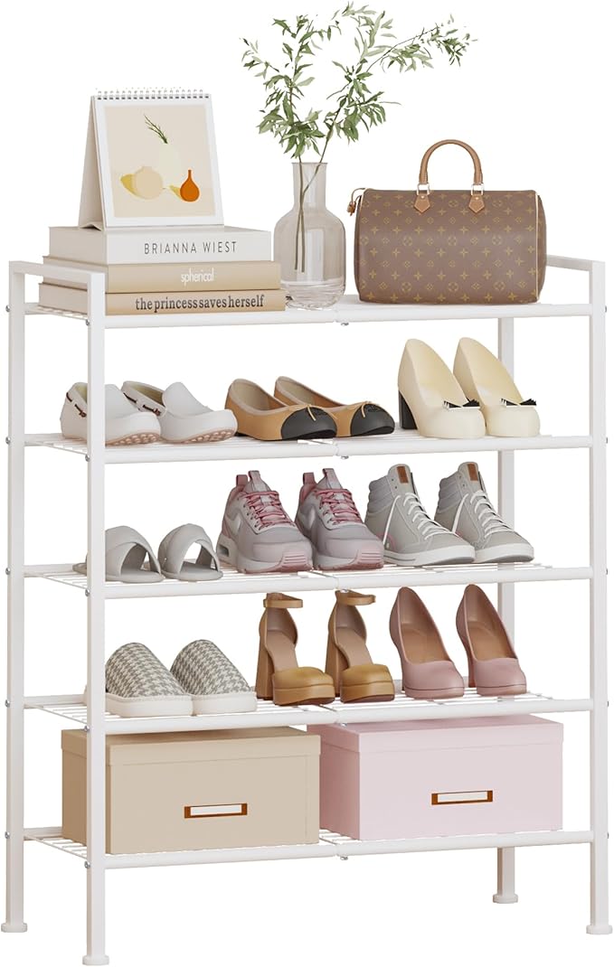 5 Tier Shoe Rack,Metal Shoe Storage Organizer Shelf for Closet,Entryway, Garage,Narrow Space(White, 5 Tier)