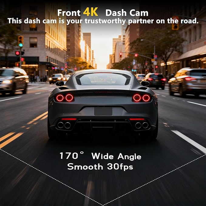 4K Dash Cam with Built-in WiFi, Front Car Camera, APP Control, Night Vision, 24H Parking Monitor, 170° Wide Angle, G-Sensor, 