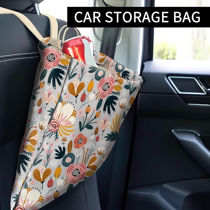 Car Trash Can, Cute Car Trash Bag, Hanging Car Organizer and Storage Bag, Trash Bin for Car Accessories, Vehicle, Travelling, Camping Cute Blue Flowers