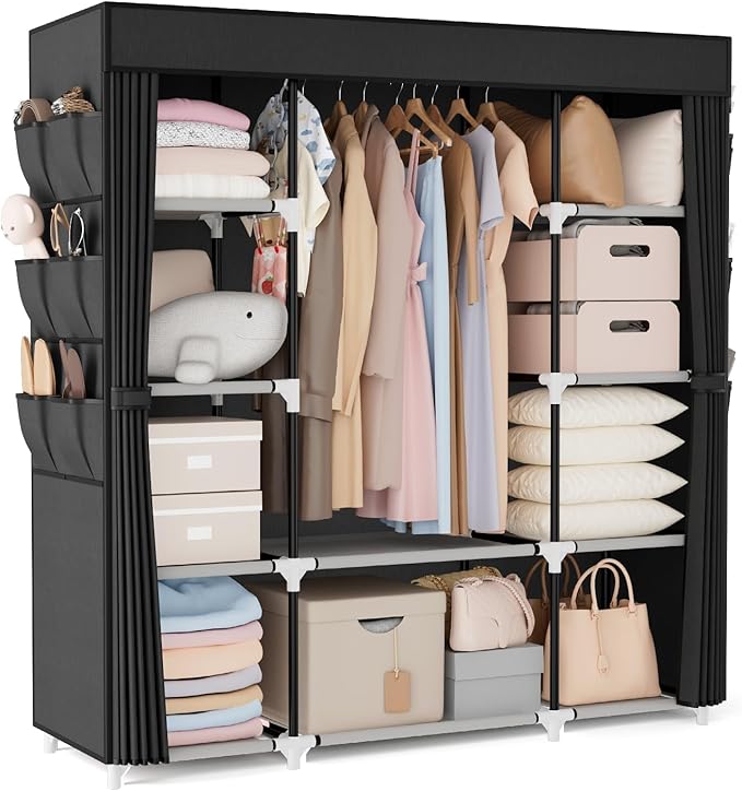 VTRIN Portable Closet Wardrobe for Hanging Clothes 57.3 Inch Large Capacity Clothes Rack with Cover, 10 Storage Organizer She