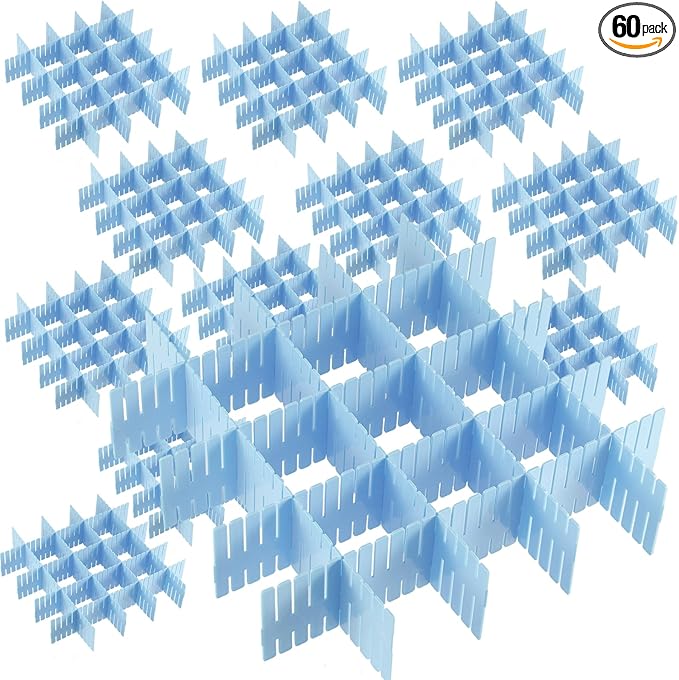 JOIKIT 60 PCS Blue Plastic DIY Grid Drawer Dividers, Adjustable Organizer, Household Storage Makeup Socks Underwear Organizer