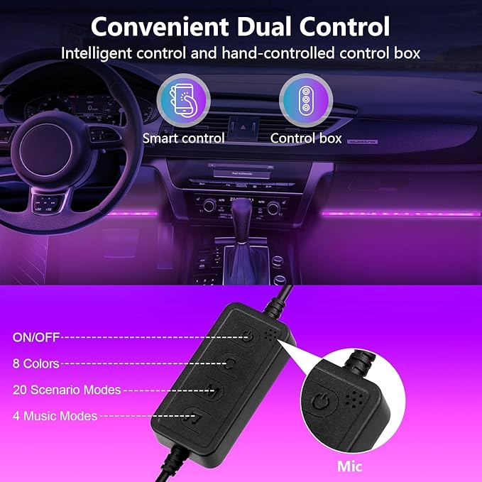 Led Car Lights Interior,Ambient Lighting Car Interior,Footwell Lighting for Car,APP Control 16 Million Colors Music Sync,DIY Mode Multicolor LED Interior Lights for Cars,Trucks,SUVs,12V Power