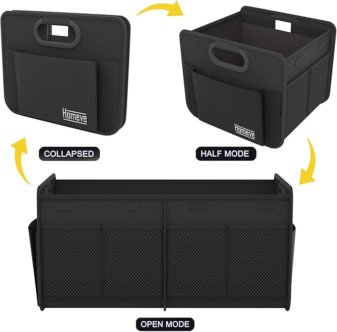 Homeve Trunk Organizer, Car Storage, Reinforced Handles, Collapsible Multi-Compartment, Foldable, Waterproof, Sturdy, 600D Oxford Polyester For Car, SUV, Mini-Van, Black, 2 Compart-Small