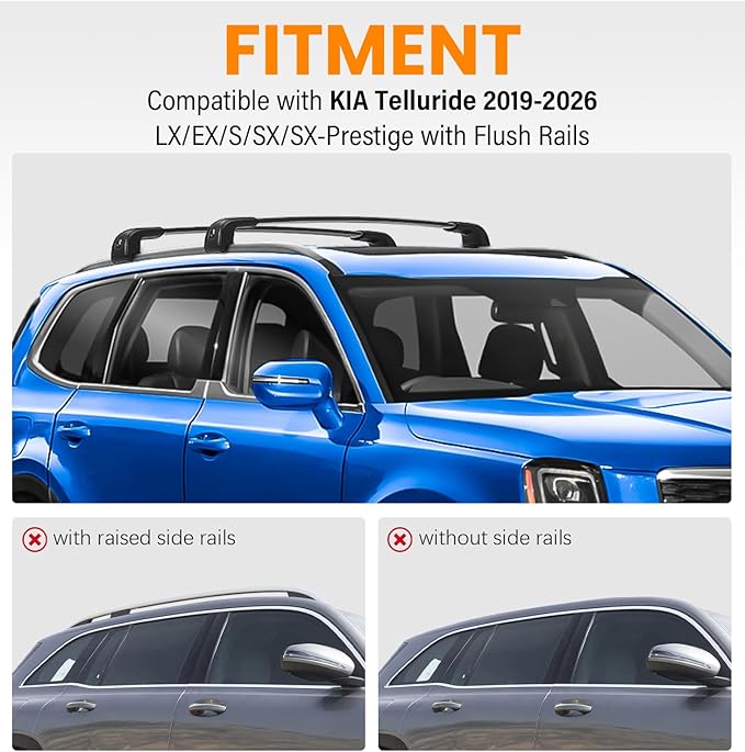 Roof Rack Cross Bars Fit for Kia Telluride 2019-2026 EX S SX SX-Prestige (Not for LX, X-Line, X-Pro), Aluminum Heavy Duty 300lbs Lockable Roof Rails Crossbars for Rooftop Cargo Luggage