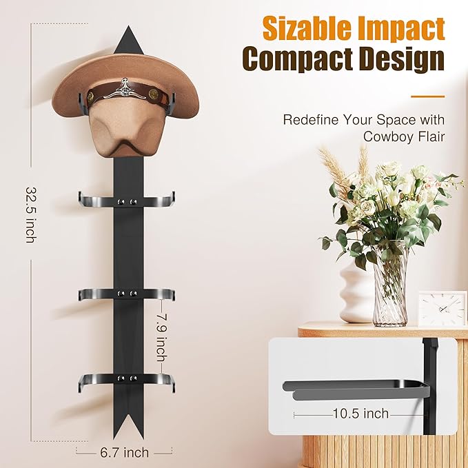 Cowboy Hat Rack, Cowboy Hat Holder Wall Mount Holds up to 4 Hats, Wooden Western Rustic Metal Cow boy Hat Hanger with Arrow S