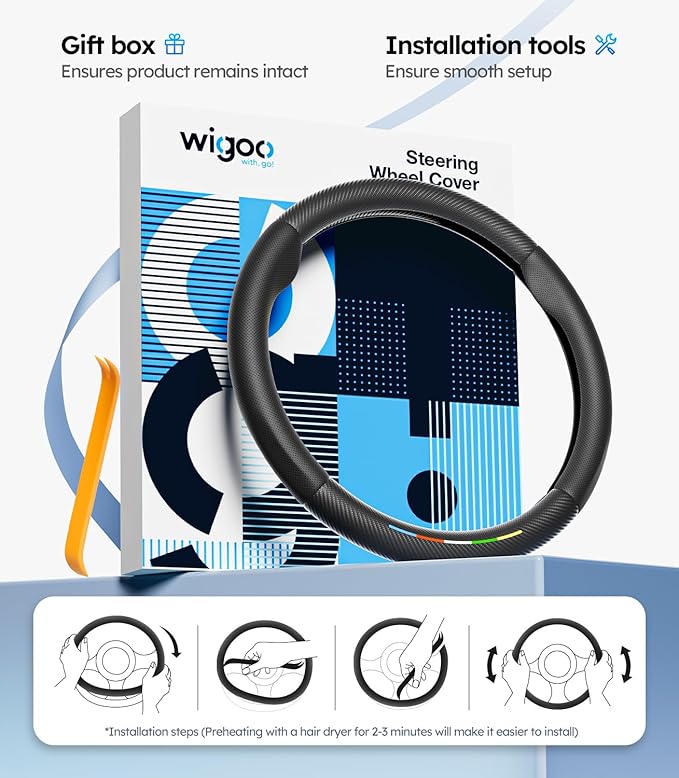 Wigoo Customized Auto Car Steering Wheel Cover for Jeep Wrangler,Grand,Cherokee,Compass,Gladiator[Carbon Fiber, Ultra Breathable] Leather Wheel Cover, Car Accessory for Women and Men, 14.5''-15''
