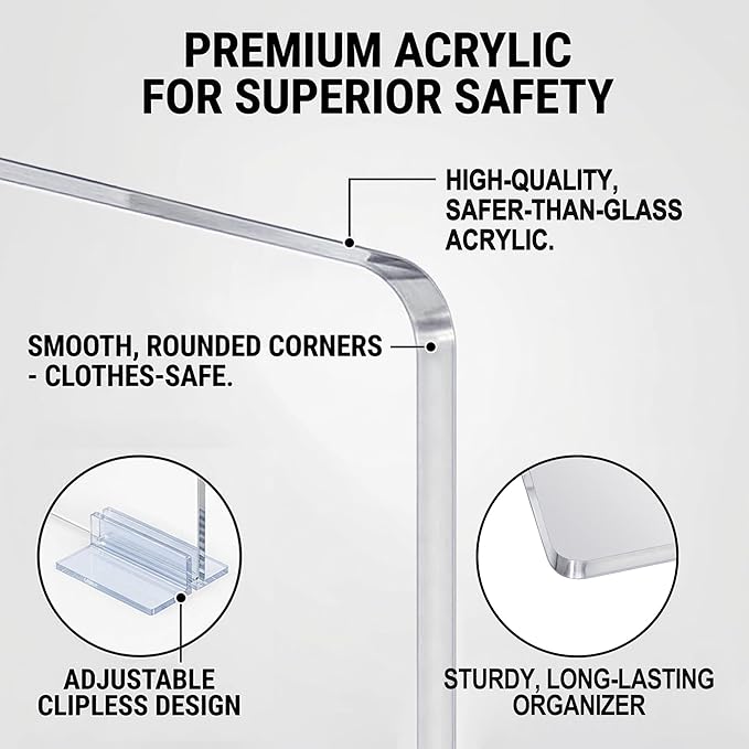 Acrylic Shelf Dividers for Closet Organization: Clear Removable 10/11.8" Tall X 11.8/10" Deep Clipless Separators 8 Pack for 