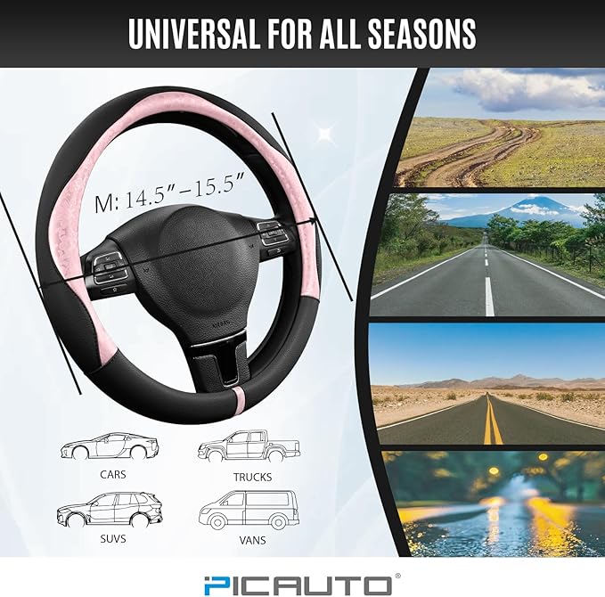 PIC AUTO Steering Wheel Cover, Pink Patterned & Black Leather Patchwork Design, Universal Fit 14.5"–15.5", Anti-Slip, Odor-Fr