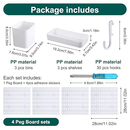 Wall Mount Peg Board Organizer 45pcs Kit, 4 Panels and 41 Accessories Pegboard Wall Organizer with Hooks, Bins, Shelves, DIY 