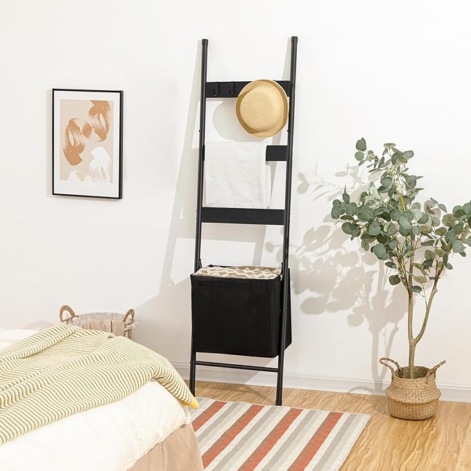 HOOBRO Blanket Ladder with Basket, 17.3”L x 63.4”H, Towel Rack with Hooks, Blanket Holder Rack, Decorative Ladder Shelf, Dryi