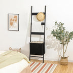 HOOBRO Blanket Ladder with Basket, 17.3”L x 63.4”H, Towel Rack with Hooks, Blanket Holder Rack, Decorative Ladder Shelf, Dryi