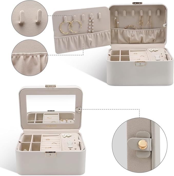 KAMIER Jewelry Box, 2 Layers PU Leather Jewelry Organizer Box, Large Capacity, Double Lock and Large Mirror, Hidden Necklace 