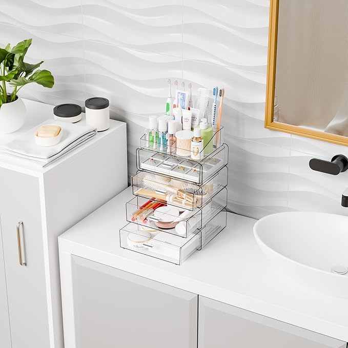 Yieach Clear Acrylic Makeup Organizers Countertop for Dresser,Desk,Bathroom Vanity,5Tier Stackable Make up Holders and Makeup