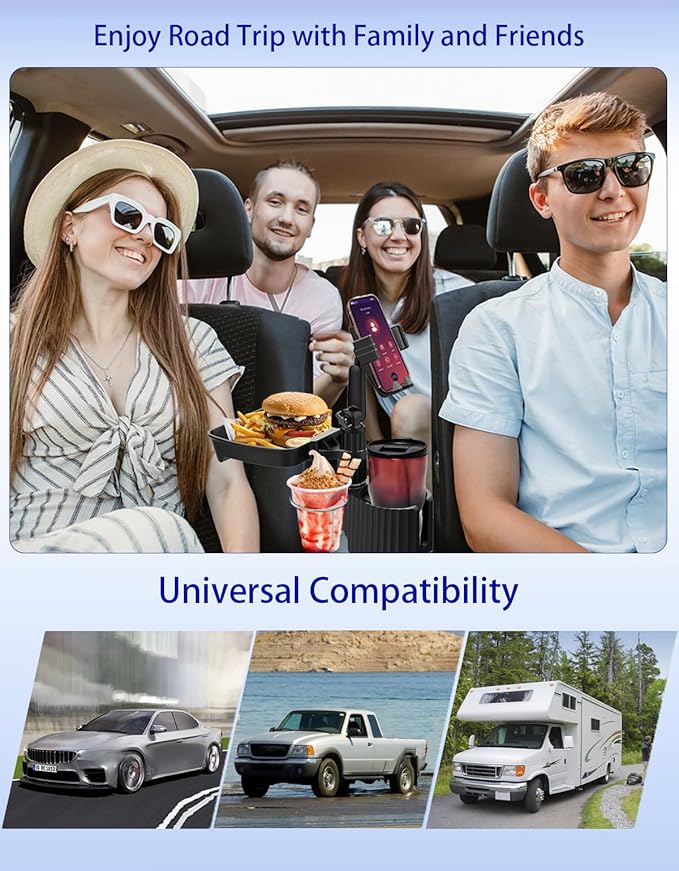 Car Cup Holder Tray - 4 in 1 Car Cup Holder Expander with Metal Cupholder, Adjustable Food Tray and Phone Mount for All Purpo