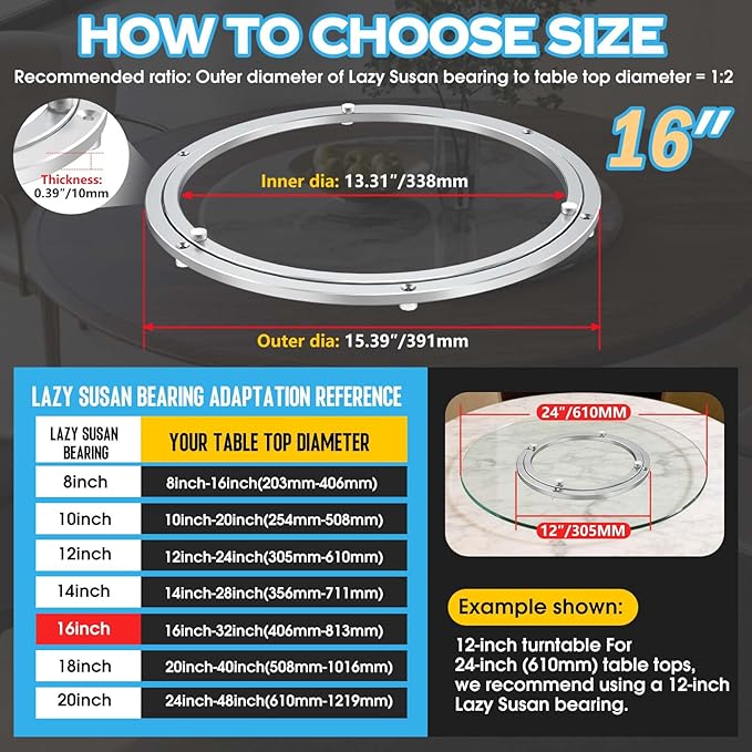 Lazy Susan Hardware,16 inch Heavy Duty Lazy Susan Bearing Kit,Rotating Serving Turntable for Aluminium Alloy Turntable Bearin