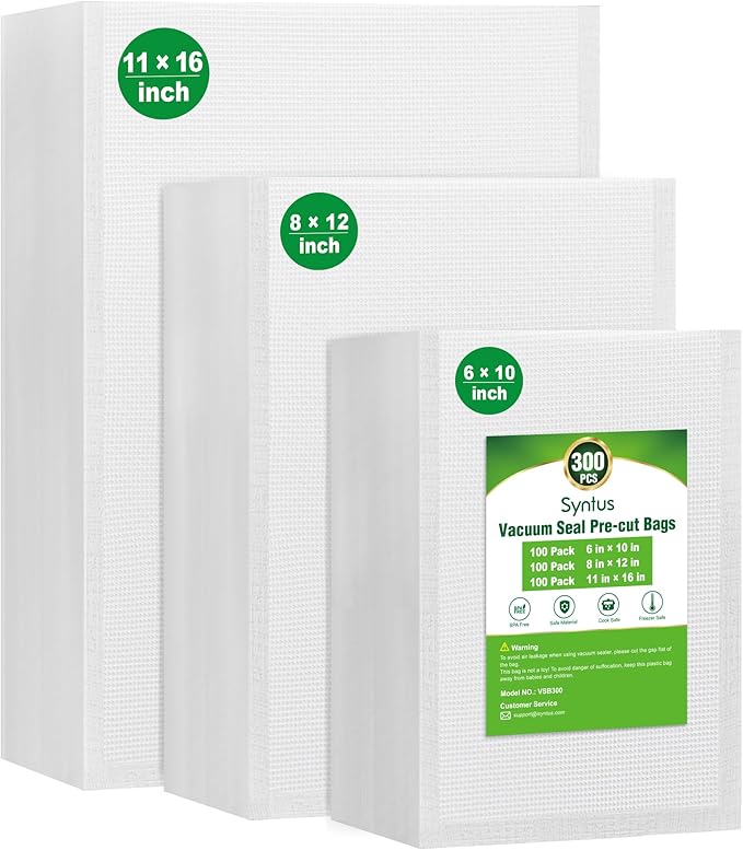 Syntus Vacuum Sealer Bags, 300 Gallon 11" x 16" and Quart 8" x 12" and Pint 6" x 10" Commercial Grade PreCut Bag, BPA Free Fo