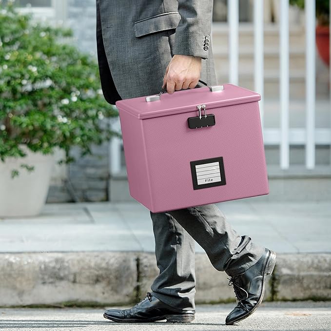 Pink Fire Proof File Box for Documents - Portable Fireproof Document Organizer Box with Handle Waterproof Safe Locking Folder