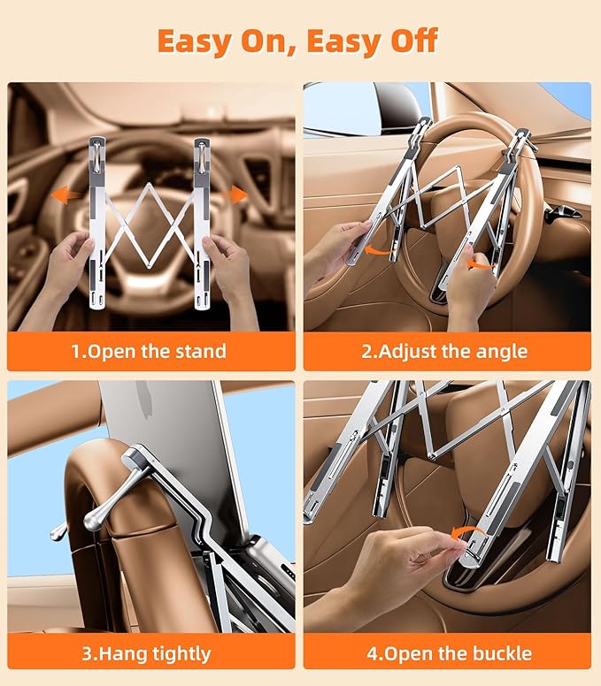 Car Laptop Mount Steering Wheel Tray Holder, Height Adjustable Car Desk for Laptop Computer Tablet, Foldable Portable Lap Laptop Stand for Car Vehicle Workstation Accessories Truck SUV Tesla