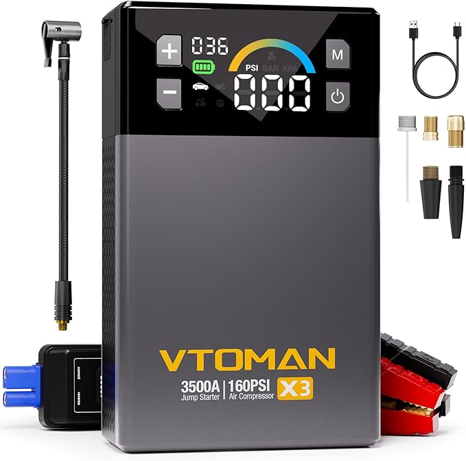 VTOMAN X3 Jump Starter with Air Compressor, 3500A Portable Car Battery Jumper Starter (9L Gas/8.5L Diesel Engines) with