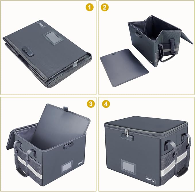 ENGPOW File Box with Lock, Fireproof Document Box with Pockets, Collapsible File Organizer Filing Storage Cabinet with Handle