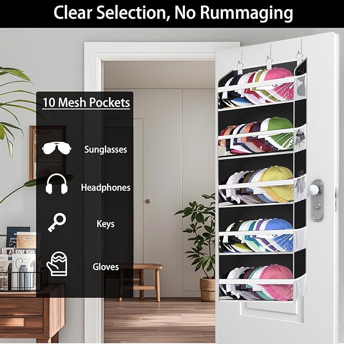 KYEVIS Over the Door Hat Organizer for Baseball Caps, Hold up to 60 Hats Rack Storage for Door/Closet/Wall, Clear Pockets Han