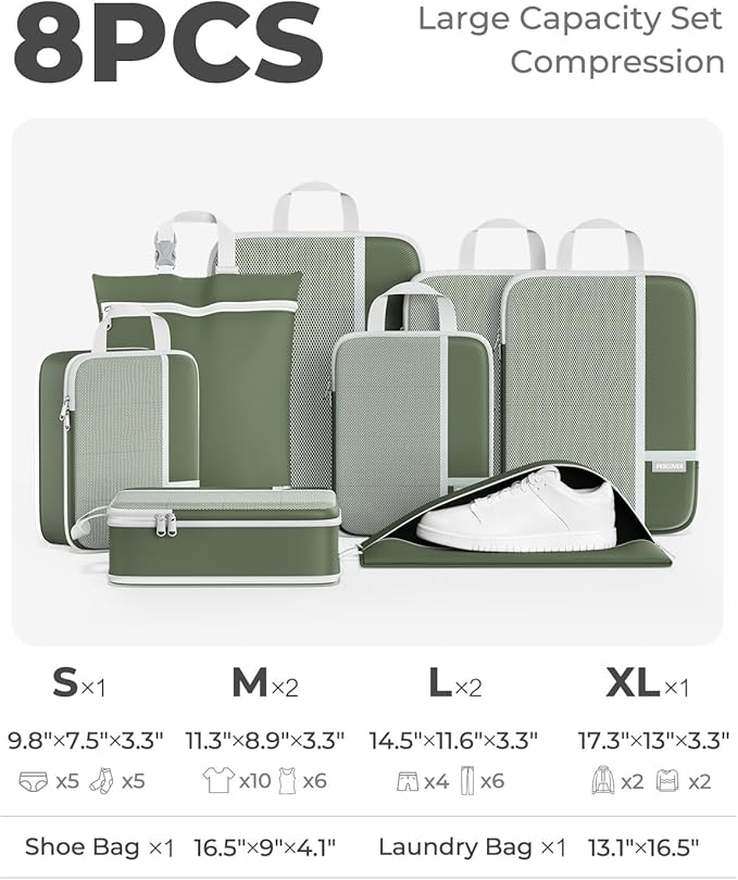 Percover Compression Packing Cubes 8-Piece Set, Packing Cubes Compression for Travel with Laundry Bag & Shoe Bag, Travel Orga