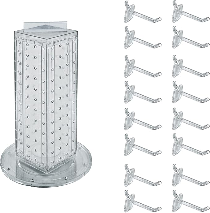 Azar Displays 700220-CLR-2C16 Four-Sided 4”W x 12” Revolving Pegboard Tower Kit Counter Display with 16-Pack of 2 inch Lockin