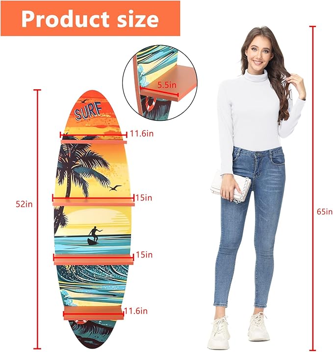 Creative Surfboard Wall Shelf for Wall Decor & Storage, Vertical Floating Shelf, Decorative Beach Style Lack Wall Shelves