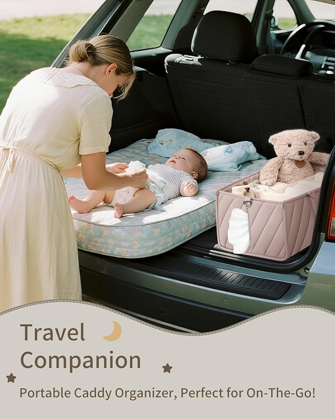 Diaper Caddy Organizer – Portable Storage Basket with Shoulder Strap & Stroller Hooks, Splashproof Quilted Nursery & Car Tote