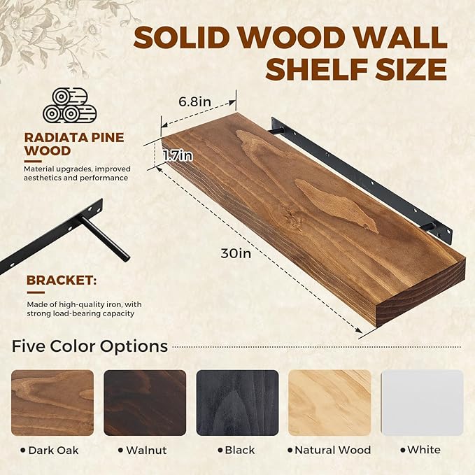 Floating Wall Shelves 30x6.8x1.7 Inch – Solid Wood Rustic Shelves in Dark Oak Finish – Wall Mounted Heavy Duty Display Shelf 