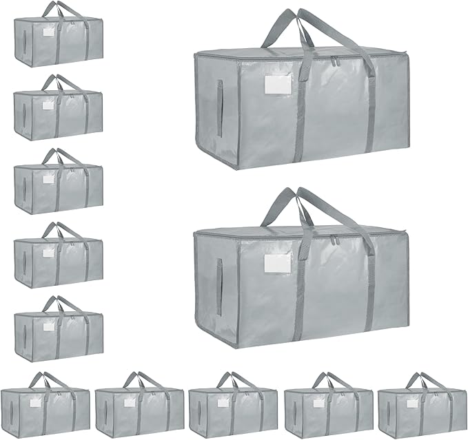 12 Pack-Extra Large Heavy Duty Moving Bags - Waterproof Storage Totes with Handles & Zippers, Foldable for College Dorm, Stor