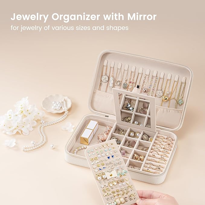 Lolalet Travel Jewelry Case for Women Girls, Travel Jewelry Organizer Box with Mirror & Clear Storage Bag, Small Portable Ear