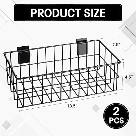 Hicarer 2 Pcs Slatwall Wire Baskets 13.5 x 7.5 x 4.5 Inch Metal Mounted Wall Organizer Basket Ventilated Hanging Slatwall Acc