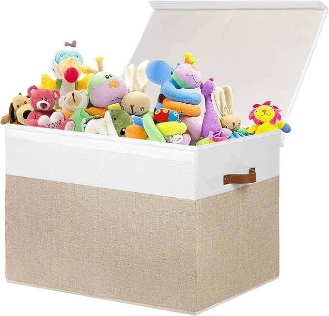 Gowee Large Toy Storage Box with Lid, Sturdy Toys Storage Chest Bin Organizer Basket with Dividers for Kids, Boys, Girls, Nur