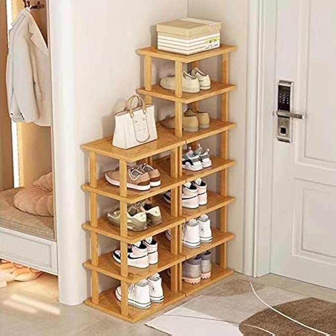 Bamboo Shoe Rack 12 Tier- Vertical Shoe Rack for Small Spaces, Tall Narrow Shoe Rack Organizer for Closet Entryway Corner Gar