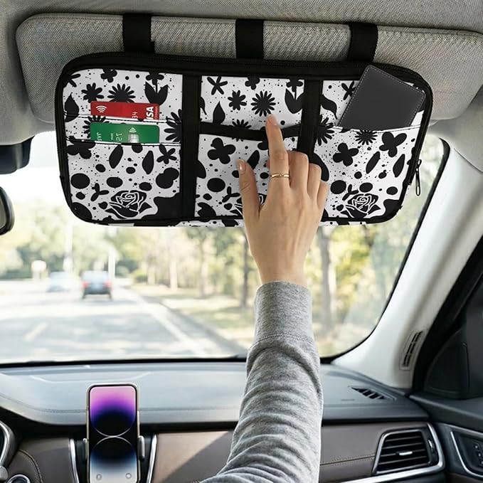 Floral Zippered Tactical Car Sun Visor Organizer with Adjustable Straps and Pockets Glasses Pouch with Storage Compartments and Card Holder Easy Installation Universal Fit for Most Cars SUV