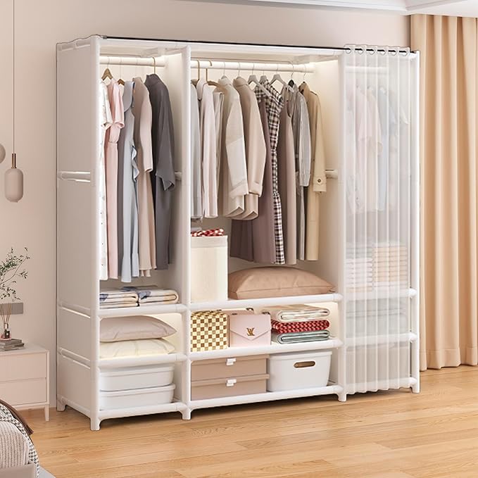 Portable Closet,Portable Closets for Hanging Clothes,Japanese Style Wardrobe with 3 Hanging Rods,9 Storage Shelves,56.2" L x 