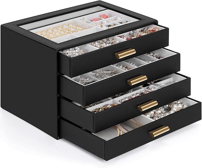 AKOZLIN Jewelry Box with Clear Lid Functional Leather Jewelry Storage Organizer Case 4 Drawers for Women Girls Necklace Ring 