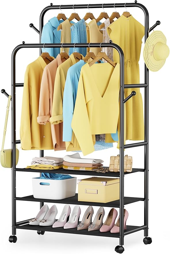 Furologee Clothes Racks for Hanging Clothes, Double Rods Clothing Rack with 3-Tier Storage Shelves, Rolling Garment Wardrobe 