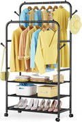 Furologee Clothes Racks for Hanging Clothes, Double Rods Clothing Rack with 3-Tier Storage Shelves, Rolling Garment Wardrobe 