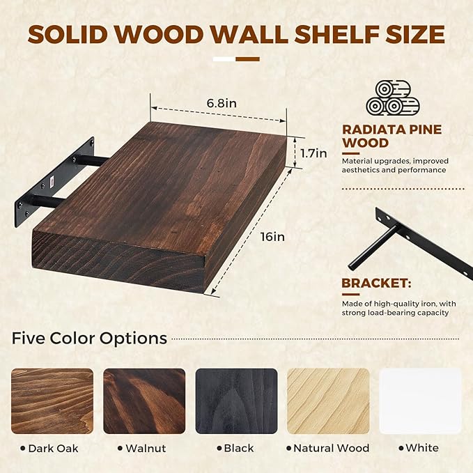 Floating Wall Shelf 16x6.8x1.7 Inch – Solid Wood Shelf in Walnut Finish – Wall Mounted Rustic Display Organizer for Bathroom,