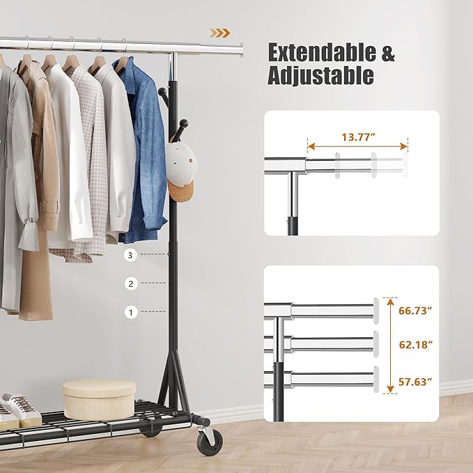 Gewudraw Garment Rack Load 530lbs,Heavy Duty Rolling Clothes Rack With Sturdy Wheel And Shelves, Adjustable Portable Hanging 