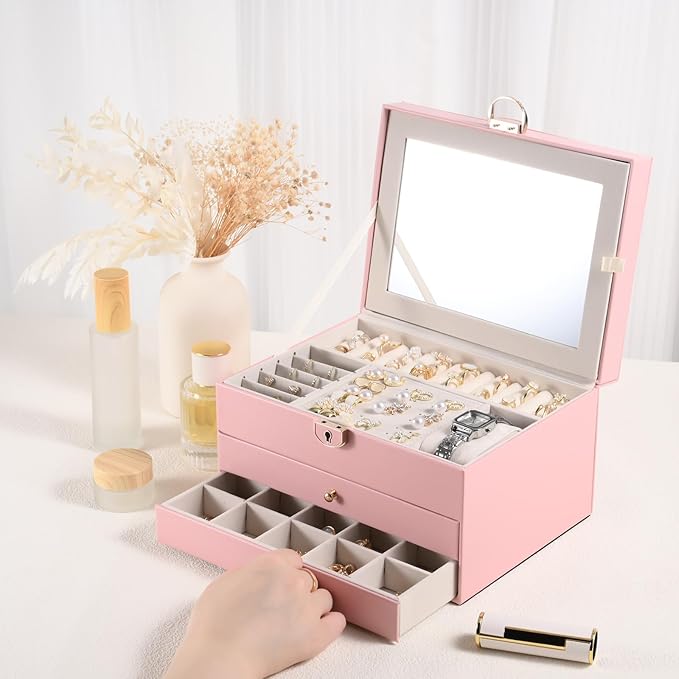 3 Layer Jewelry Boxes Large Jewelry Holder Organizer Case with 2 Jewelry Organizer Drawer PU Necklace Organizer Lockable Upgr