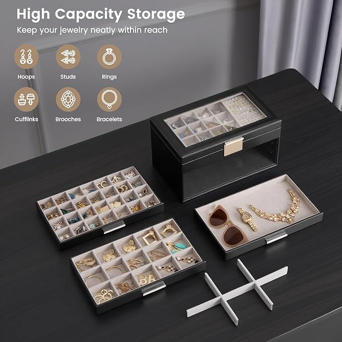 Lolalet Earring Storage Box Case with Glass Top, Large Earring Jewelry Holder Organizer Display with Drawer and Grid, Gifts f