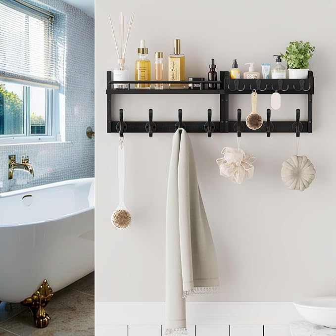 29 inch Coat Rack Wall Mount with Shelf, Set of 2 Heavy Duty Coat Hooks Wall Mount, Entryway Coat Hanger Wall Shelf with Key 