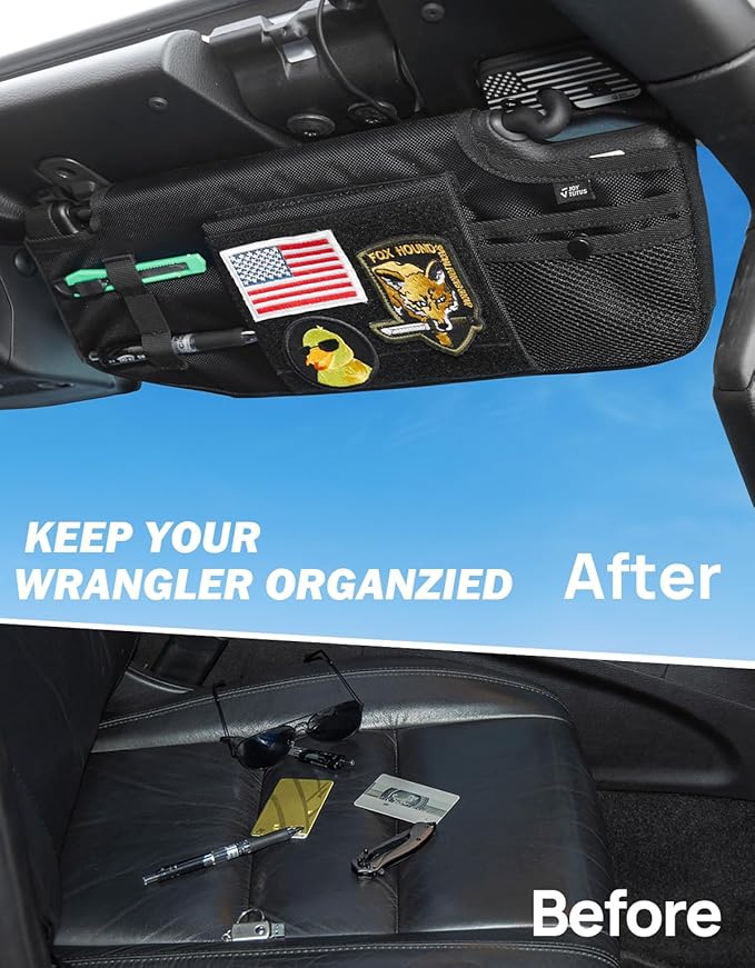JOYTUTUS Sun Visor Organizer Compatible with 2018-2026 Wrangler JL & Gladiator JT Passenger's Side, Front Tactical Visor Storage Cover Molle Webbing Visor Storage Holder Pouch, Multi-Pocket Net Zipper