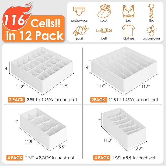 12 Pack Drawer Organizers for Clothing, 116 Large Compartments Fabric Dresser Closet Organizers and Storage Bins for Baby Clo