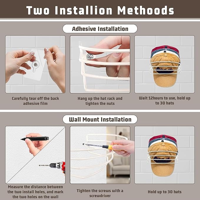 Fikoksol Hat Organizer for Baseball Caps, 2-Pack Beige White Metal Hat Rack for Wall Door, Adhesive/Wall Mounted Hat Storage 